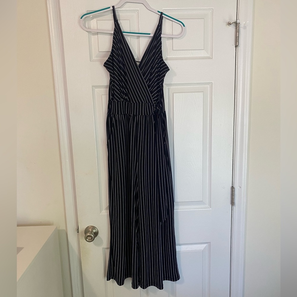 Black and White Pinstripe Capri Jumpsuit